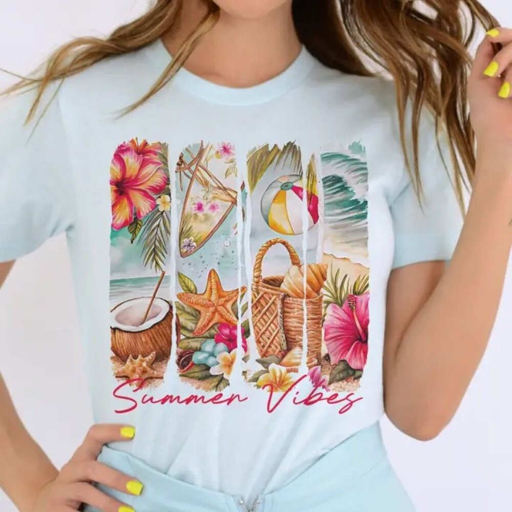 Summer Vibes Beach Resort Graphic T-Shirt - Ice Blue
